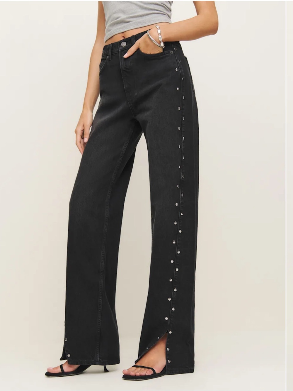 Reformation Cary High Rise Slouchy Straight Leg Black Jeans Studded Size 30